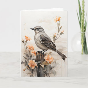 Nordmockingvogel, der zwischen Blume ruht, blau Karte