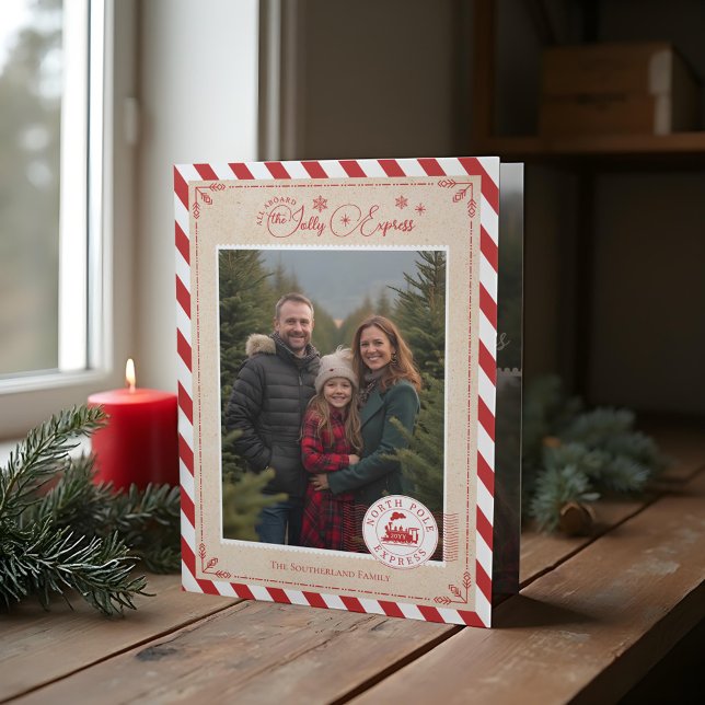 Nordpol Express Zug Ticket Weihnachts-Fotos Dreifach Gefaltete Urlaubskarte (North Pole Express Train Ticket Christmas Photos Tri-Fold Holiday Card)
