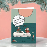 Nordpol Klimakrise Funny Christmas Card Feiertagskarte<br><div class="desc">**Nordpol Klimakrise Die Weihnachtsfeiertagskarte** Die Vorderseite dieses Themas des Klimawandels zeigt eine komische Weihnachtskarte, die Weihnachtsfeiertage zeigt, die allein auf einem der letzten Reste der geschmolzenen Nordpolarkappe sitzt, wo einst ihre Zuhause (und die Santa's Workshop) stand. Der Weihnachtsmann starrt in Panik an dem rot-weiß gestreiften Pol, der das Gebiet bekanntermaßen...</div>