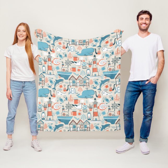 Nordsee-niedliches Gekritzel-Muster Fleecedecke (Beispiel)