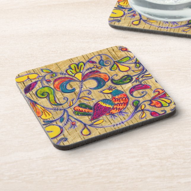 Nordvögel auf hölzernem Hintergrund Untersetzer (Linke Seite)