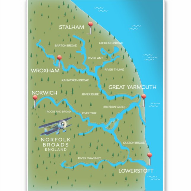 Norfolk Broads England Map. Aufkleber (Vorderseite)