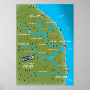 Norfolk Broads England Map. Poster