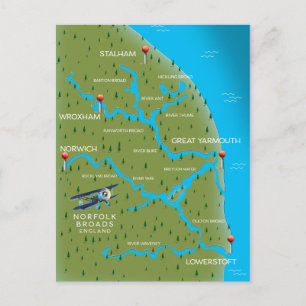 Norfolk Broads England Map. Postkarte