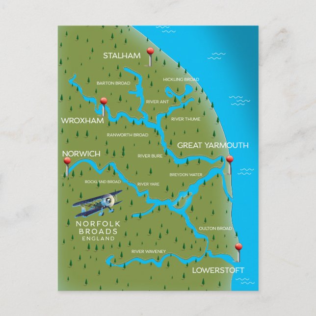 Norfolk Broads England Map. Postkarte (Vorderseite)