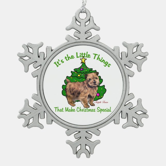 Norfolk Terrier Christmas Schneeflocken Zinn-Ornament (Vorderseite)