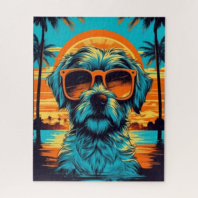 Norfolk Terrier mit Sonnenbrille am Strand Puzzle (Vertikal)