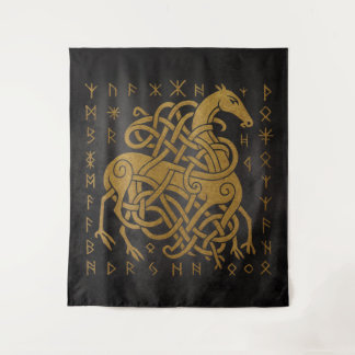 Norse Rune Circle - Golden Viking Horn D Wandteppich