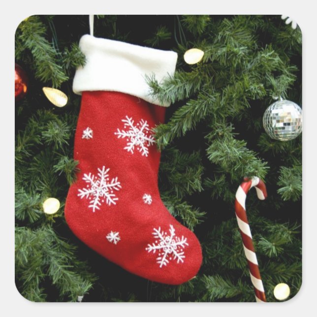 North America. Weihnachtsdekorationen auf Baum. 3 Quadratischer Aufkleber (Vorderseite)