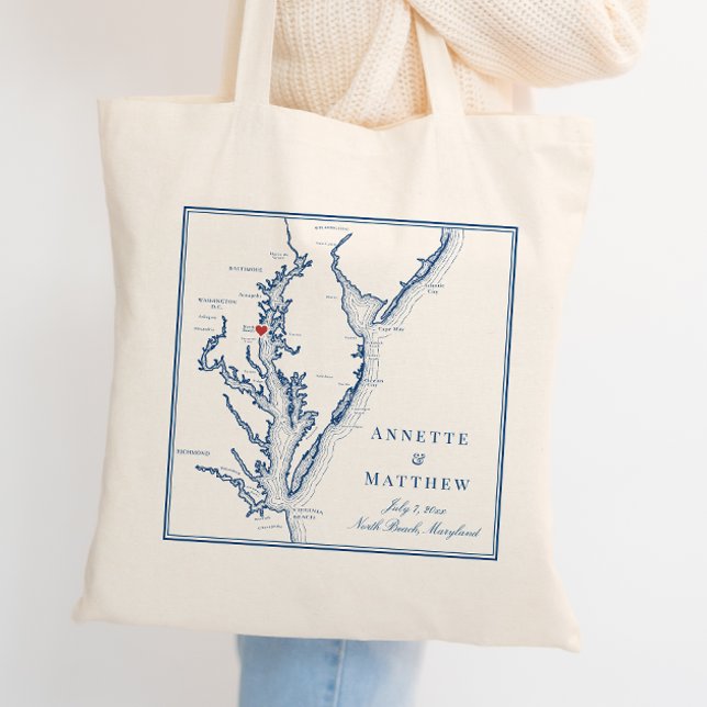 North Beach Maryland Elegant Navy Wedding Willkomm Tragetasche (Personalized North Beach Maryland Wedding Favor Tote Bag in elegant navy blue by Coastal Map Designs)