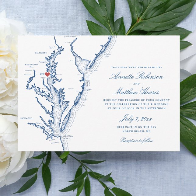 North Beach Maryland Map Elegant Marine Wedding Einladung (North Beach Maryland Wedding invitation with elegant navy blue map from Coastal Map Designs)