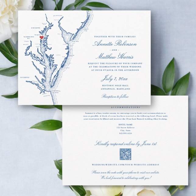 North Beach MD All-in-One QR Code UAWG Wedding Einladung (North Beach MD all-in-one QR code Wedding Invitation in elegant navy blue with details on the back )