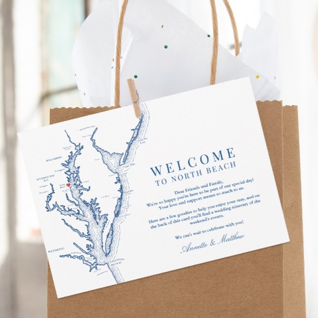 North Beach MD Wedding Willkommen und Tour Dankeskarte (Welcome To North Beach Maryland Wedding Itinerary and Weekend Events Letter in elegant navy blue)