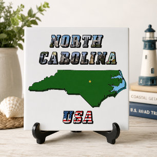 North Carolina Map Kontur, Foto und US Flag Text Fliese