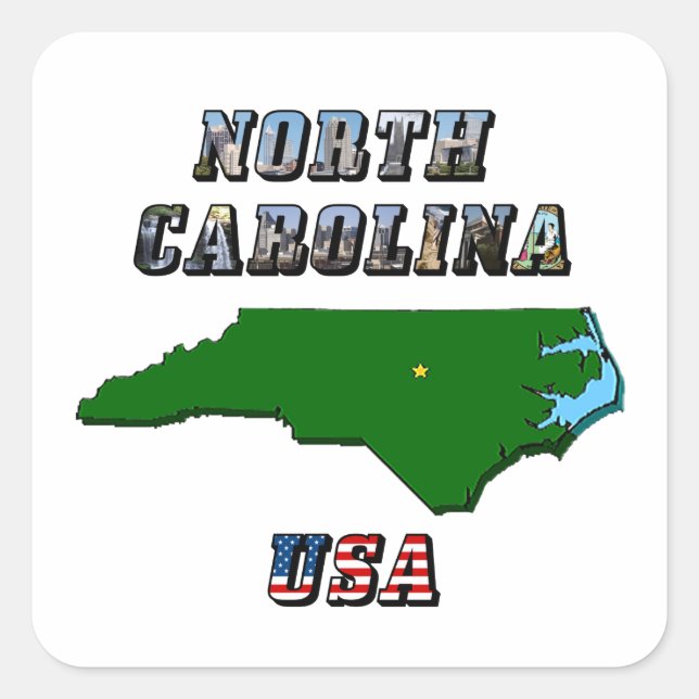North Carolina Map Kontur, Foto und US Flag Text Quadratischer Aufkleber (Vorderseite)