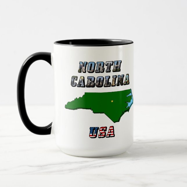 North Carolina Map Kontur, Foto und US Flag Text Tasse (Links)