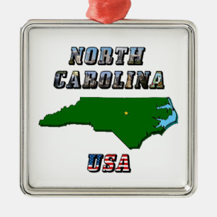 North Carolina Umrisskarte, Foto & US-Flagge Text  Ornament Aus Metall