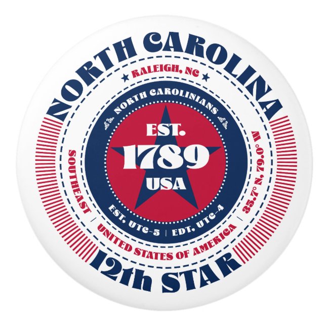 North Carolina US Staat Red White Blue Typografy Keramikknauf (Vorderseite)