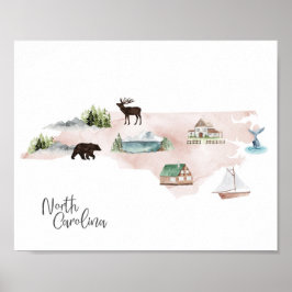North Carolina Wanderlust Sehenswürdigkeit Karte Poster