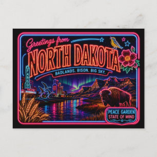 North Dakota Neon State Retro Vintage Postkarte