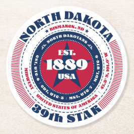 North Dakota Red White Blue Typografie Runder Pappuntersetzer