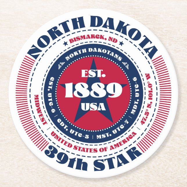North Dakota Red White Blue Typografie Runder Pappuntersetzer (Vorderseite)