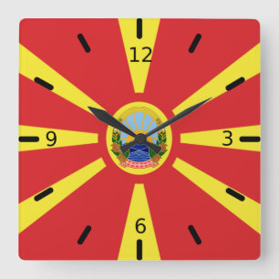 North Macedonia flag-coat of arms    Quadratische Wanduhr