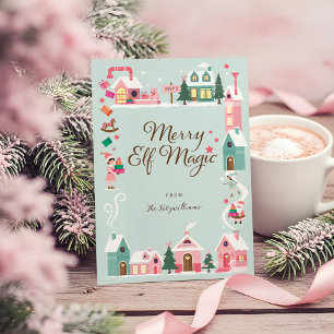 North Pole Elf Workshop Santa Claus Pink Village Feiertagskarte