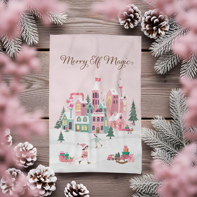 North Pole Elf Workshop Santa Claus Pink Village Geschirrtuch (North Pole Elf Workshop Santa Claus Pink Village Kitchen Towel)