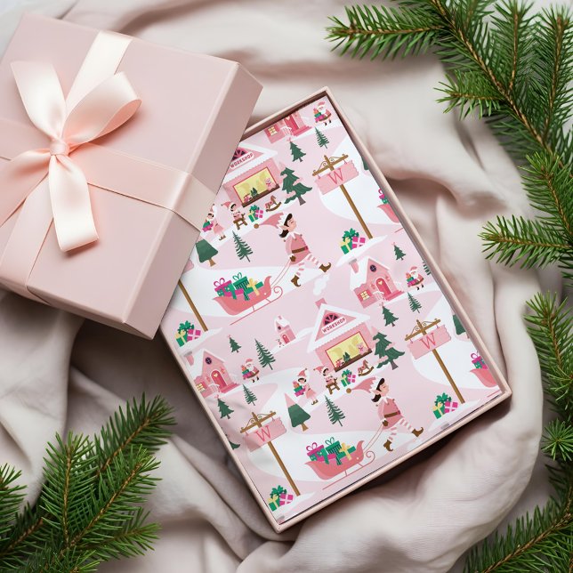 North Pole Elf Workshop Santa Claus Pink Village Seidenpapier (North Pole Elf Workshop Santa Claus Pink Village Tissue Paper)