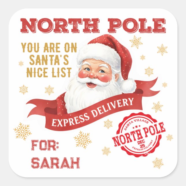 North Pole Express Delivery Santa Christmas Quadratischer Aufkleber (Vorderseite)