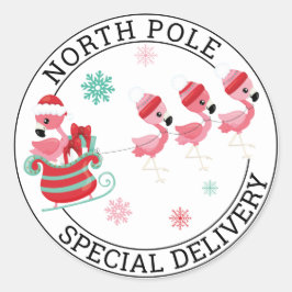 North Pole Weihnachts Flamingo Special Delivery Runder Aufkleber