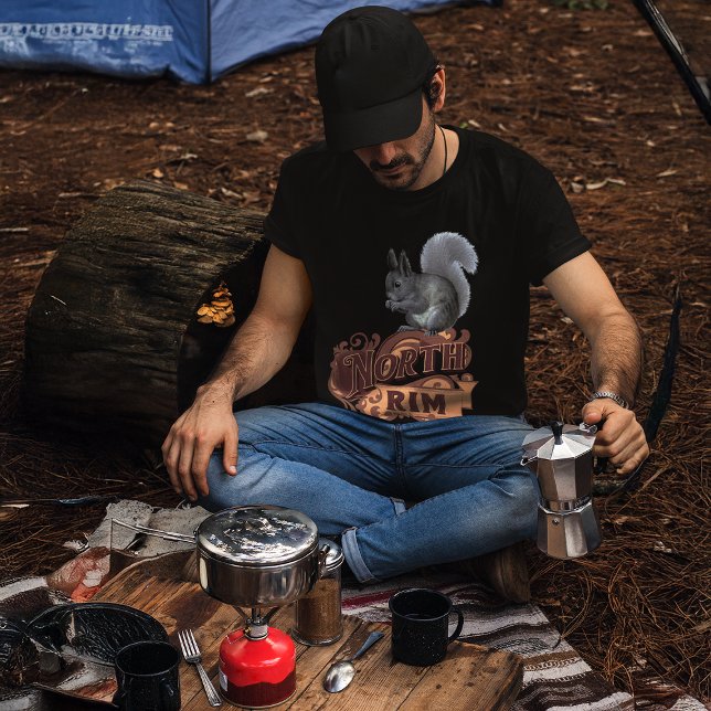 North Rim Lodge Kaibab Squirrel T-Shirt (young man setting up breakfast at woodland forest tent camp Grand Canyon North Rim Kaibab Squirrel)