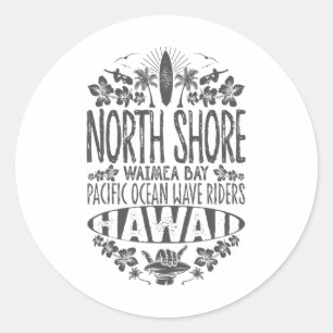North Shore Waimea und Pacific Ocean Wave Riders S Runder Aufkleber