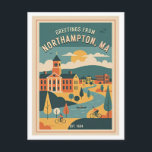 Northampton MA Retro Travel 1950s  Postkarte<br><div class="desc">Northampton MA Retro Travel Postcard – Colorful 1950s Style Greetings from Northampton Massachusetts, Mid-Century Small Town Vibe Art Description: Celebrate the creative spirit of western Massachusetts with this colorful retro-inspired “Greetings from Northampton” postcard. Designed in a vibrant 1950s mid-century travel poster style, this artistic rendering captures the laid-back charm and...</div>