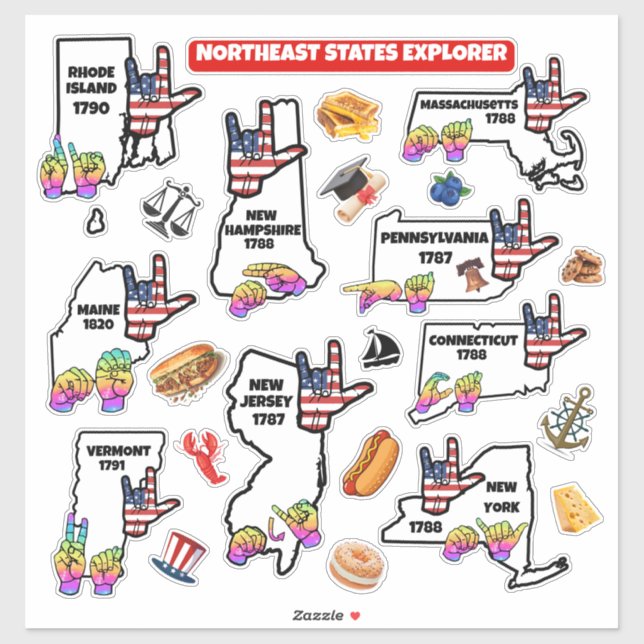 Northeast States – Learn with ASL & Fun Icons Aufkleber (Blatt)