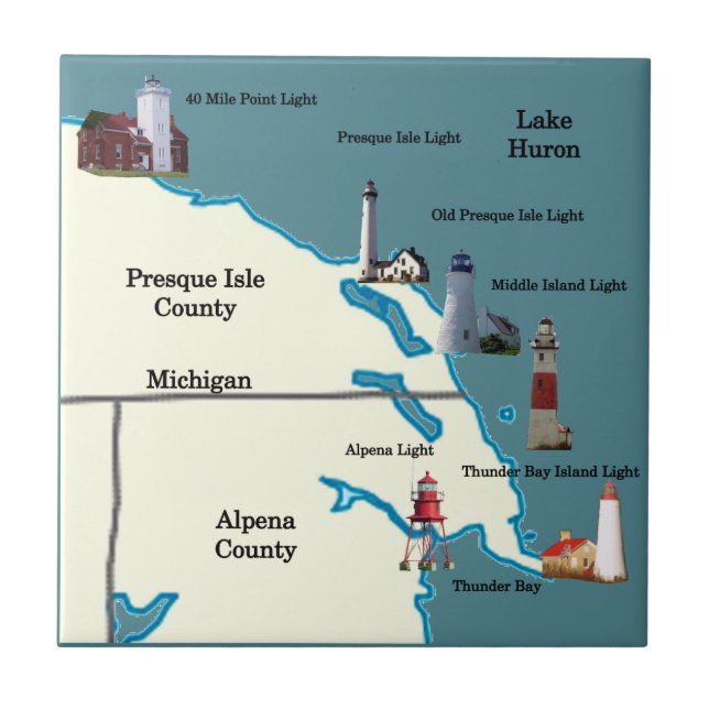 Northeastern Lower Michigan Lighthouses Fliese (Vorderseite)