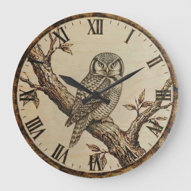 Northern Hawk Owl Wood Clock Große Wanduhr (Vorderseite)