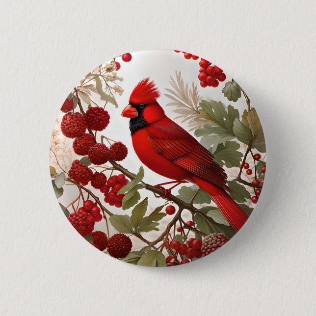 Northern Kardinal Bird Red Berries Button (Vorderseite)