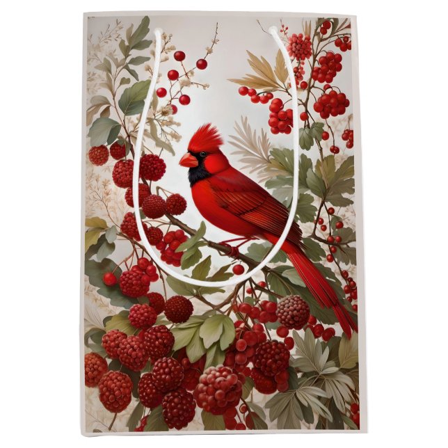 Northern Kardinal Bird Red Berries Mittlere Geschenktüte (Vorderseite)