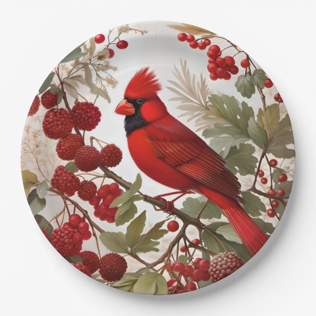 Northern Kardinal Bird Red Berries Pappteller (Vorderseite)