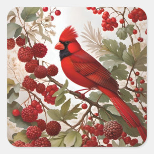 Northern Kardinal Bird Red Berries Quadratischer Aufkleber