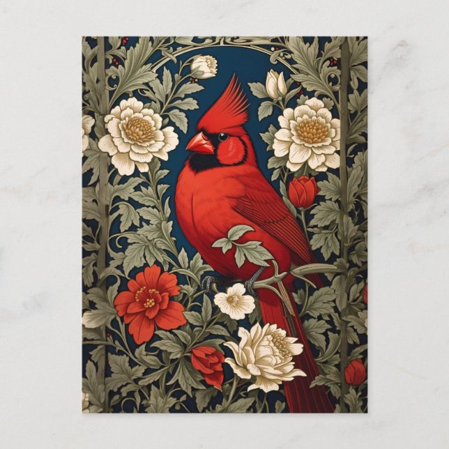 Northern Kardinal Floral William Morris Inspiriert Postkarte (Vorderseite)