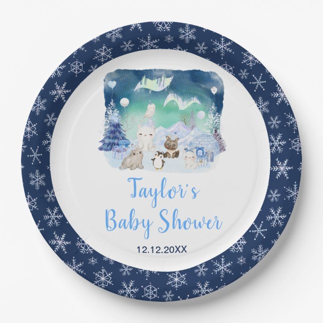 Northern Lights Arctic Animals Baby Shower Pappteller (Vorderseite)