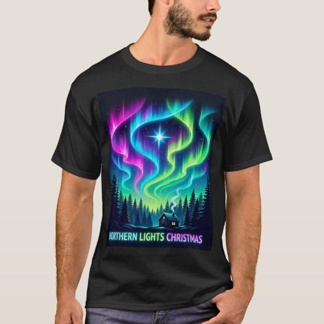Northern Lights Christmas Cabin – Aurora Holiday M T-Shirt (Vorderseite)