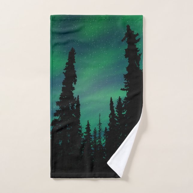 Northern Lights Green Night Sky Forest Badhandtuch Set (Handtuch)