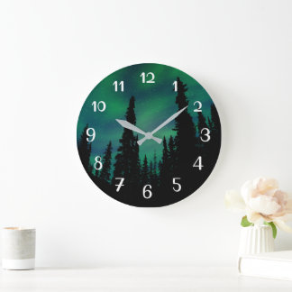 Northern Lights Green Night Sky Forest Große Wanduhr