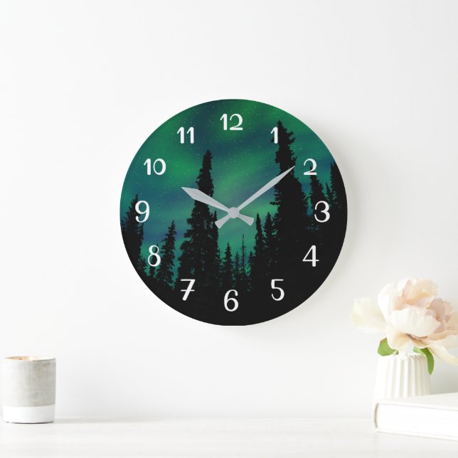 Northern Lights Green Night Sky Forest Große Wanduhr (Zuhause)