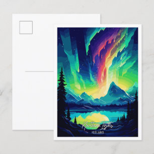 Northern Lights Island Art Travel Illustration Postkarte