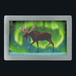 Northern Lights Moose Rechteckige Gürtelschnalle<br><div class="desc">Ein immer leicht stilisiertes Bild eines Elchs,  der gegen die Nordlichter silbrig geschmückt ist.</div>